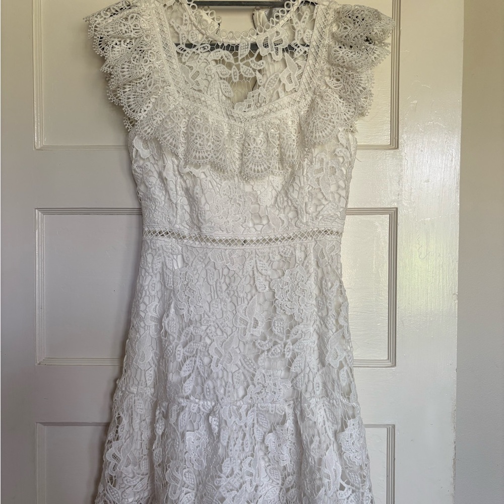 Adelyn Rae White Lace Mini Dress with Scalloped Yoke